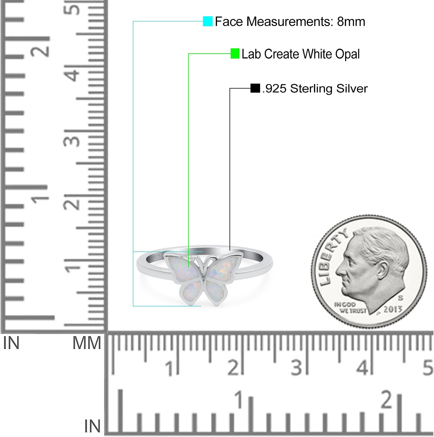 Butterfly Ring Band Lab Created Opal 925 Sterling Silver (8mm)