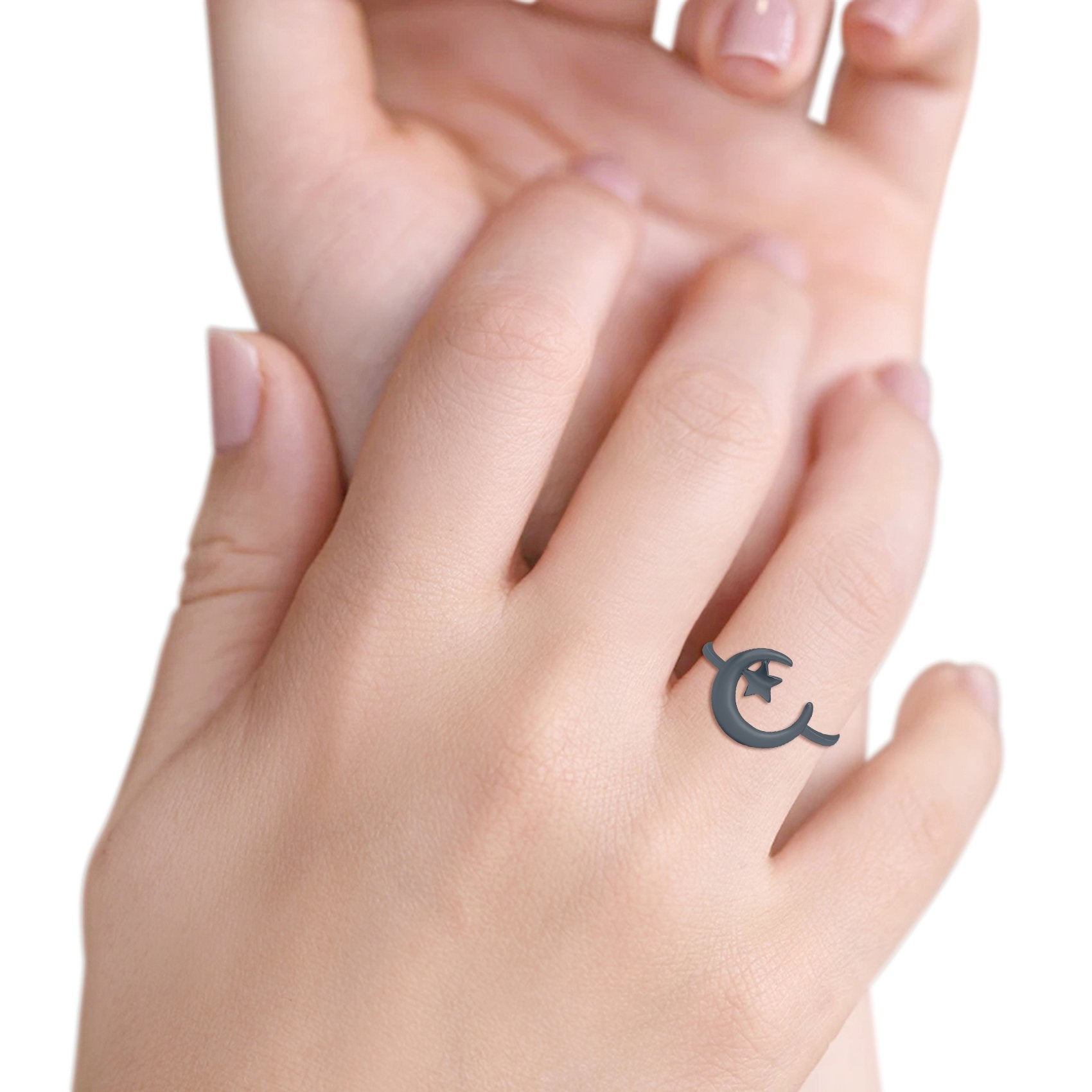 Moon and Star Ring Oxidized Band Solid 925 Sterling Silver Thumb Ring (12mm)