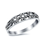 3 Flower Plain Ring Band Oxidized 925 Sterling Silver