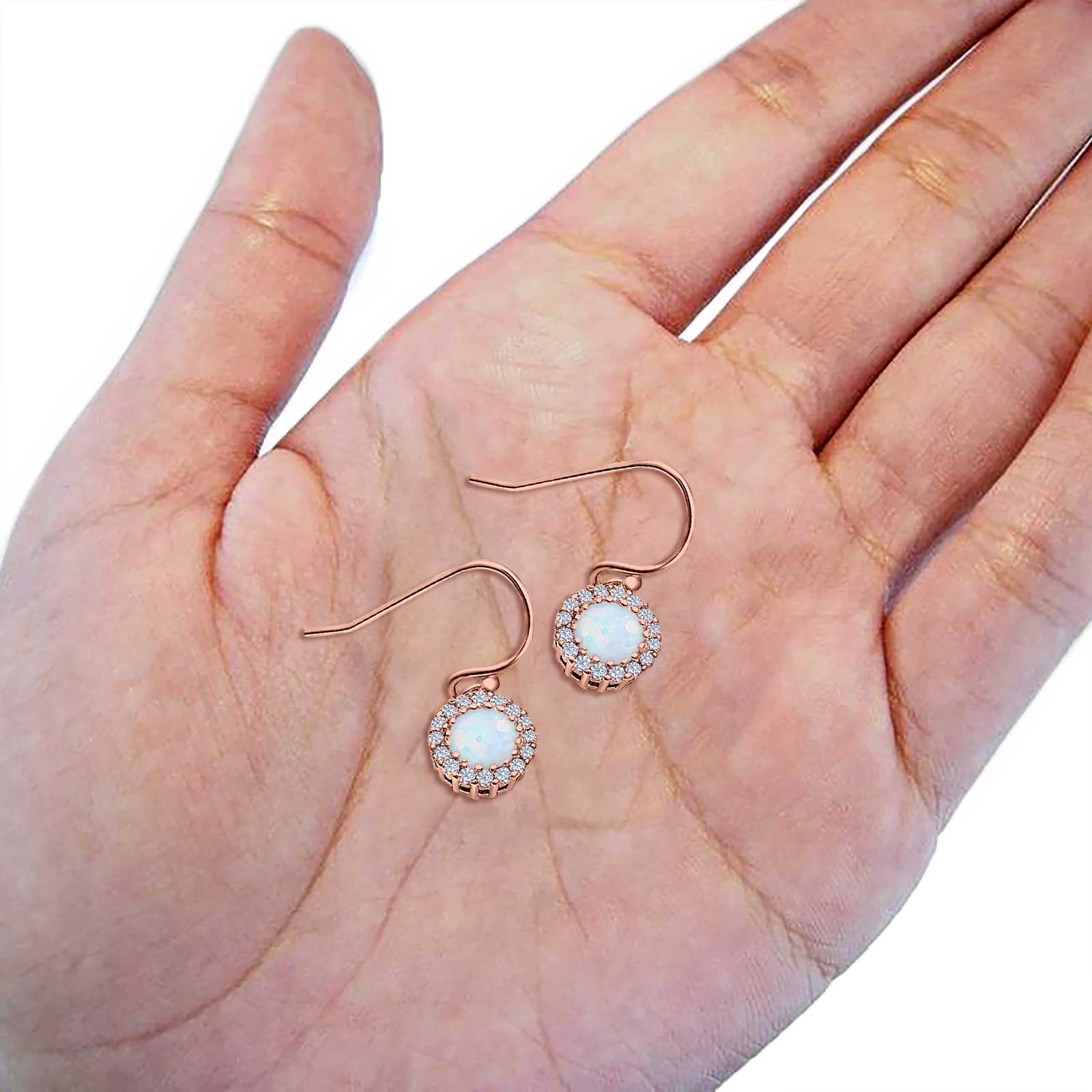 Halo Dangle Fish-Hook Earrings Lab Opal Round 925 Sterling Silver (21mm)