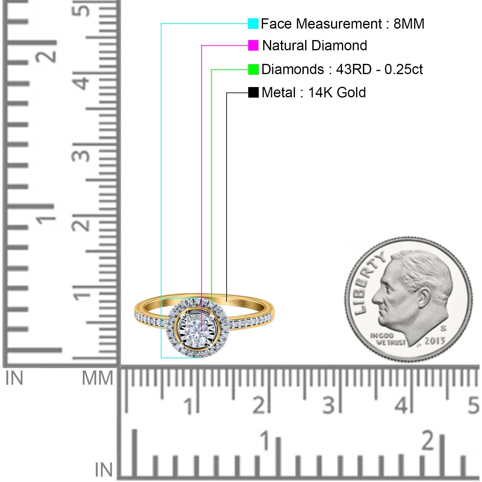14K Gold 0.25ct Round 8mm G SI Diamond Engagement Wedding Ring