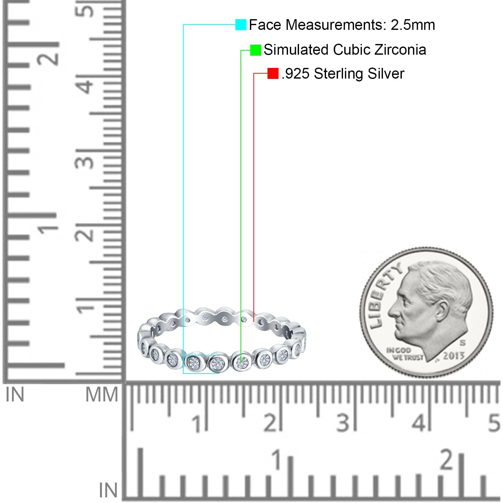 Full Eternity 2.5mm Wedding Stackable Band Ring Round Simulated Cubic Zirconia 925 Sterling Silver