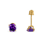 14k Yellow Gold Round Solitaire Stud Earrings with Screw Back Simulated Amethyst Cubic Zirconia