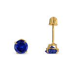 14k Yellow Gold Round Solitaire Stud Earrings with Screw Back Simulated Blue Sapphire Cubic Zirconia