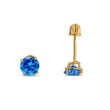 14k Yellow Gold Round Solitaire Stud Earrings with Screw Back Simulated Blue Topaz Cubic Zirconia