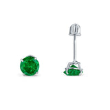 14k White Gold Round Solitaire Stud Earrings with Screw Back Simulated Green Emerald Cubic Zirconia