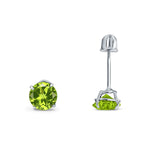 14k White Gold Round Solitaire Stud Earrings with Screw Back Simulated Peridot Cubic Zirconia