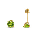 14k Yellow Gold Round Solitaire Stud Earrings with Screw Back Simulated Peridot Cubic Zirconia
