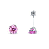 14k White Gold Round Solitaire Stud Earrings with Screw Back Simulated Pink Cubic Zirconia