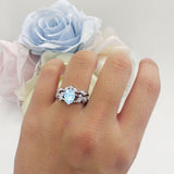 Two Piece Pear Teardrop Natural Aquamarine Bridal Ring 925 Sterling Silver