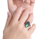 Oval Leaf Petite Dainty Lab Opal Ring Solid Oxidized 925 Sterling Silver