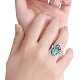 Oval Leaf Petite Dainty Lab Opal Ring Solid Oxidized 925 Sterling Silver