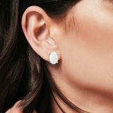 Created Opal Oval Stud Earrings Rhodium Plated 925 Sterling Silver (11mm)