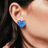 Heart Stud Earrings Lab Created Opal 925 Sterling Silver (15mm)