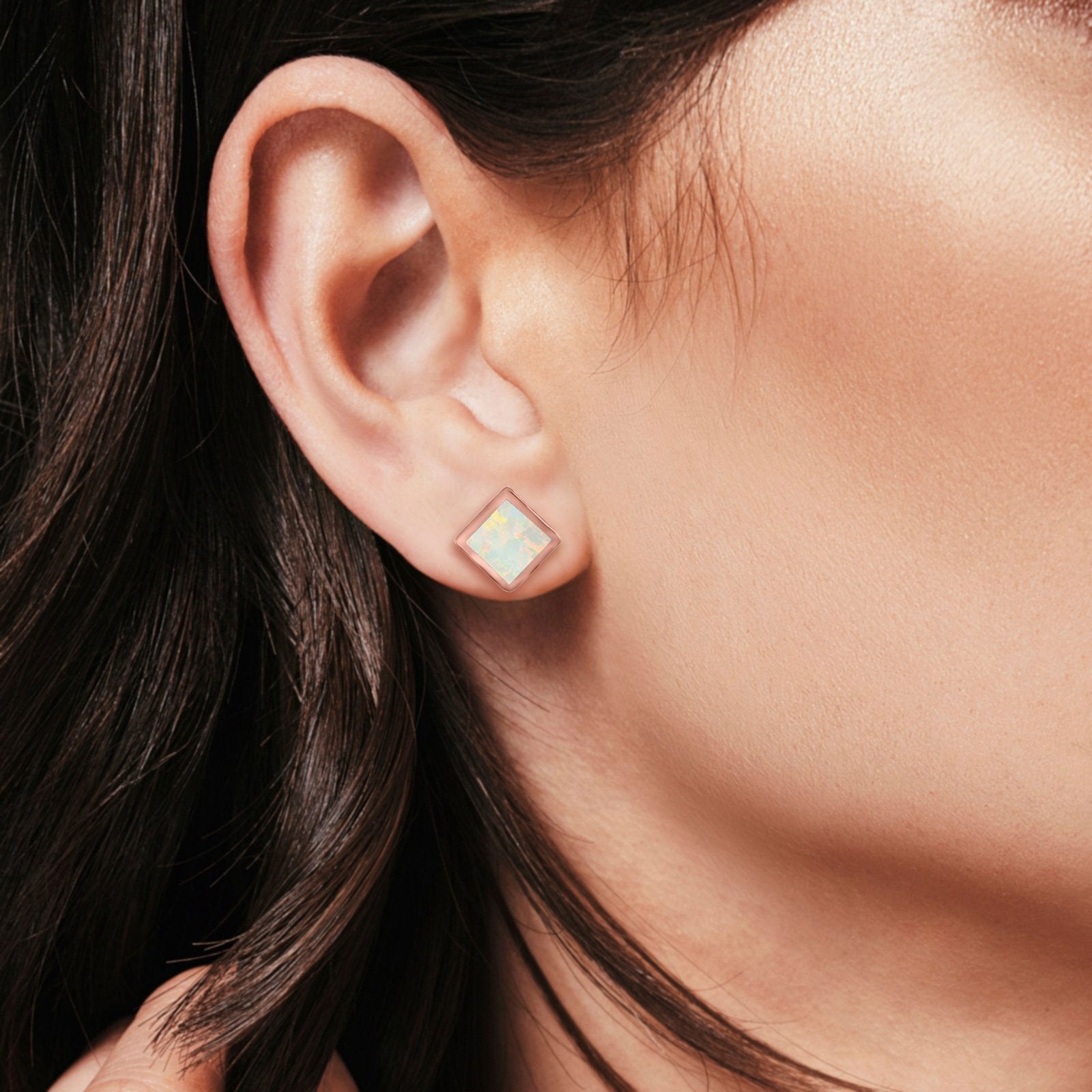 Princess Cut Stud Earrings Created Opal 925 Sterling Silver