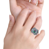Princess Cut Vintage Art Deco Three Piece Bridal Set Wedding Ring Band Round Simulated Cubic Zirconia 925 Sterling Silver
