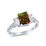 Emerald Cut Engagement Ring Round Simulated Cubic Zirconia 925 Sterling Silver