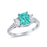 Emerald Cut Engagement Ring Round Simulated Cubic Zirconia 925 Sterling Silver
