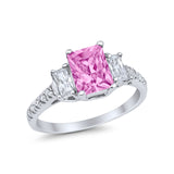 Emerald Cut Engagement Ring Round Simulated Cubic Zirconia 925 Sterling Silver