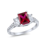 Emerald Cut Engagement Ring Round Simulated Cubic Zirconia 925 Sterling Silver