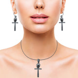Cross Jewelry Matching Set Pendant Earring Round Simulated Black Onyx 925 Sterling Silver