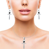 Cross Jewelry Matching Set Pendant Earring Round Simulated Black Onyx 925 Sterling Silver