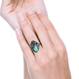 Oval Leaf Petite Dainty Lab Opal Ring Solid Oxidized 925 Sterling Silver