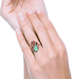 Oval Leaf Petite Dainty Lab Opal Ring Solid Oxidized 925 Sterling Silver
