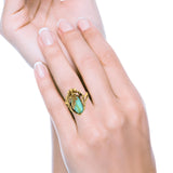 Oval Leaf Petite Dainty Lab Opal Ring Solid Oxidized 925 Sterling Silver