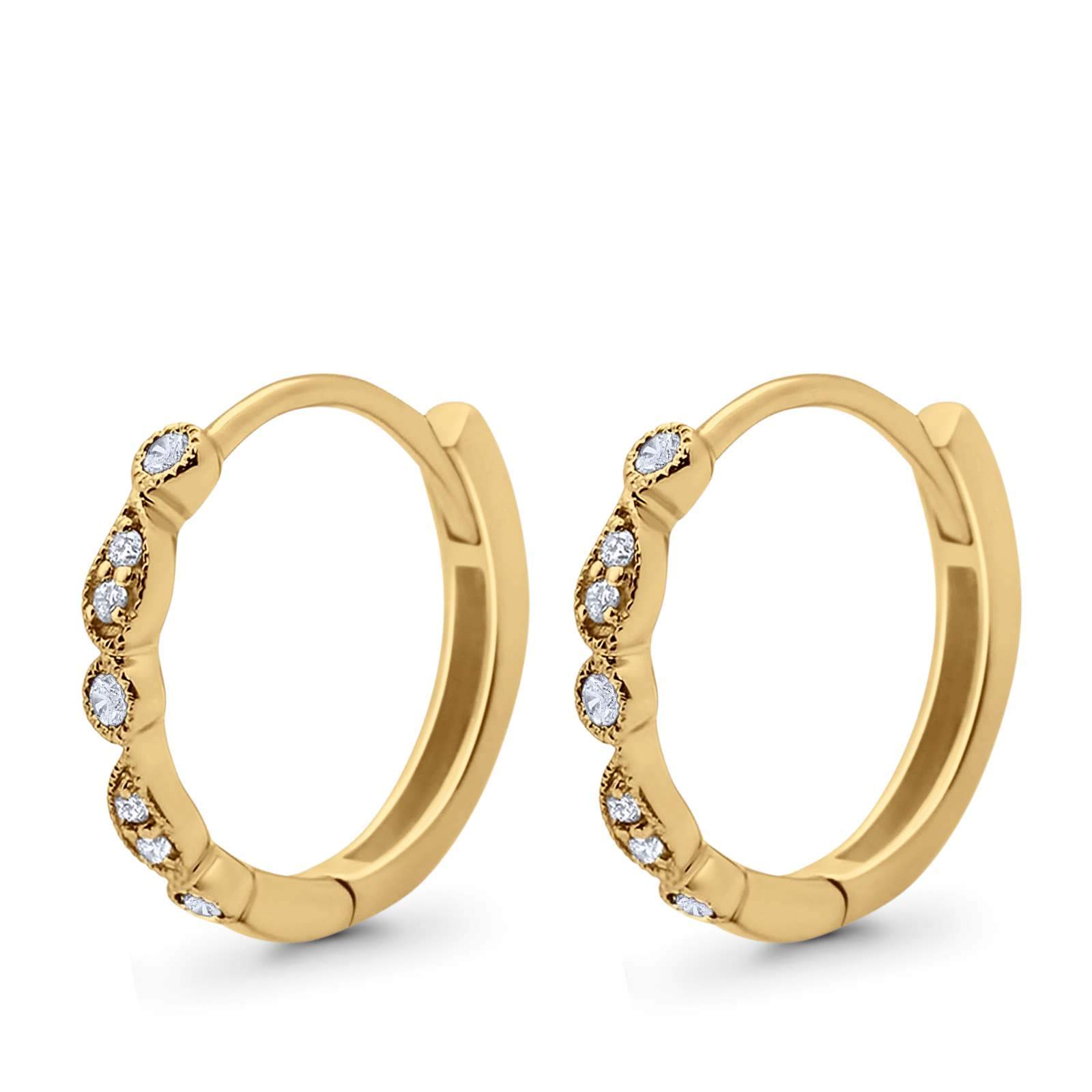 14K Gold Art Deco Huggie Hoop Vintage Round 0.13 TCW G SI Diamond Blue Sapphire Earrings