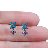 New Design Cross Stud Earring Created Opal Princess Simulated Amethyst CZ 925 Sterling Silver (20mm)