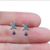 New Design Cross Stud Earring Created Opal Princess Simulated Amethyst CZ 925 Sterling Silver (20mm)