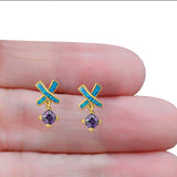 New Design Cross Stud Earring Created Opal Princess Simulated Amethyst CZ 925 Sterling Silver (20mm)