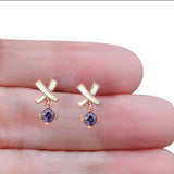 New Design Cross Stud Earring Created Opal Princess Simulated Amethyst CZ 925 Sterling Silver (20mm)