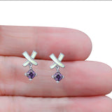 New Design Cross Stud Earring Created Opal Princess Simulated Amethyst CZ 925 Sterling Silver (20mm)