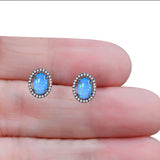 Halo Art Deco Oval Stud Earring Simulated Cubic Zirconia Created Opal Solid 925 Sterling Silver (15mm)