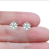 Flower Stud Earring Simulated Cubic Zirconia Created Opal Solid 925 Sterling Silver (9mm)