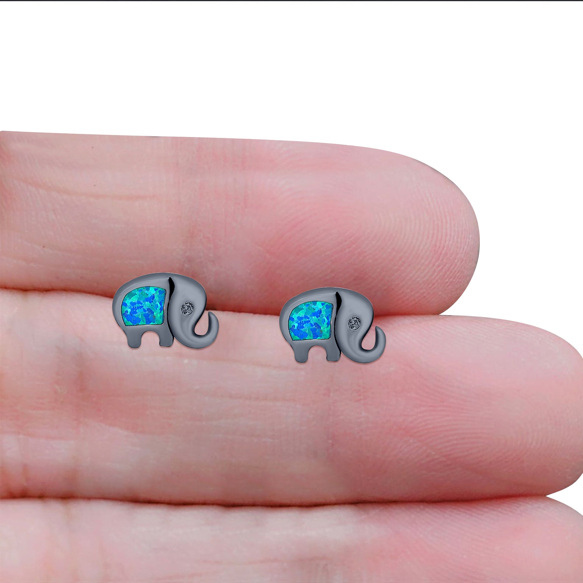 Elephant Stud Earring Created Opal Solid 925 Sterling Silver (7mm)