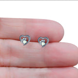 Heart & Paw Print Stud Earring Created Opal Solid 925 Sterling Silver (9.1mm)