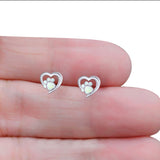 Heart & Paw Print Stud Earring Created Opal Solid 925 Sterling Silver (9.1mm)