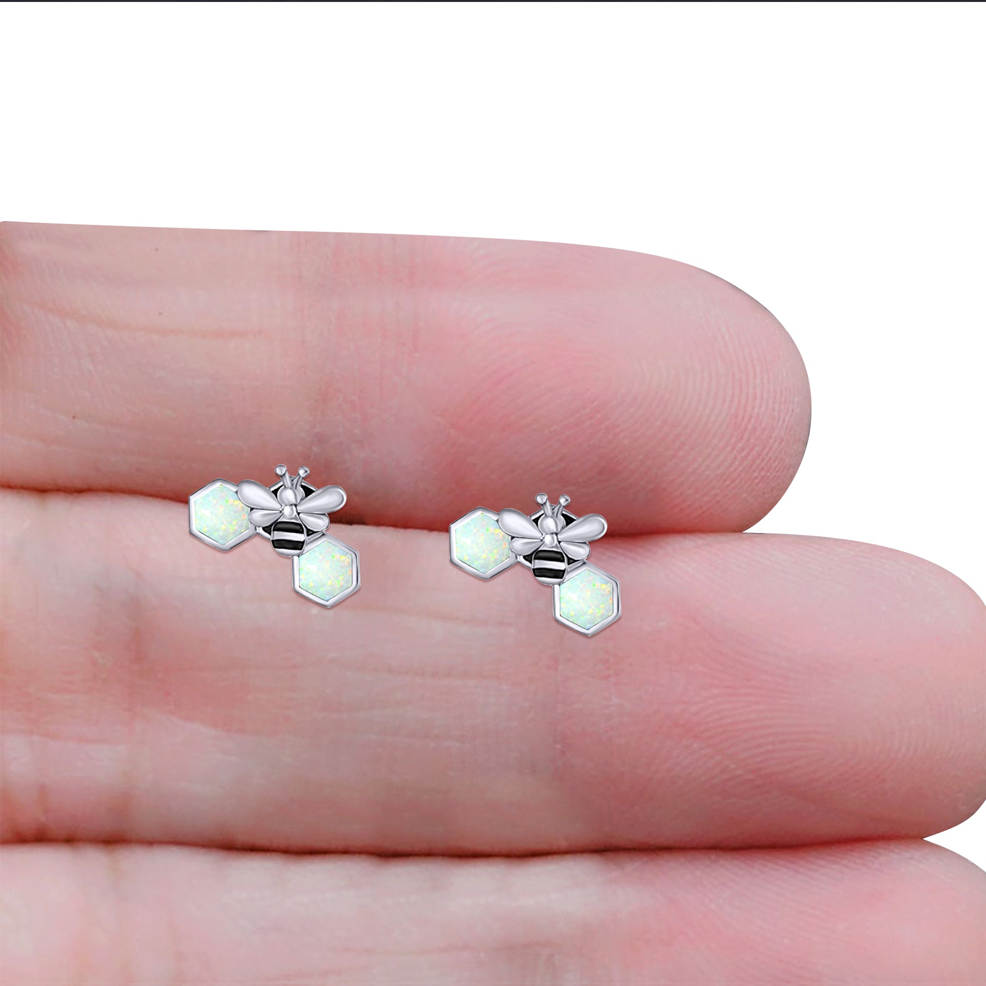 Lucky Honey Bee Print Stud Earring Created Opal Solid 925 Sterling Silver (8.7mm)