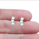 Art Deco Three Stone Style Stud Earring Round Created Opal Solid 925 Sterling Silver (7mm)