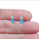 Art Deco Three Stone Stud Earring Simulated Cubic Zirconia Created Opal Solid 925 Sterling Silver (9mm)