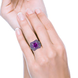 Three Piece Ring Band Flower Art Deco Princess Cut Wedding Bridal Ring Round Amethyst Simulated Cubic Zirconia 925 Sterling Silver