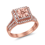 Halo 2 Piece Wedding Ring Band Set Round Simulated CZ 925 Sterling Silver