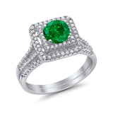 Halo 2 Piece Wedding Ring Band Set Round Simulated CZ 925 Sterling Silver