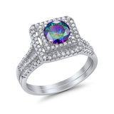 Halo 2 Piece Wedding Ring Band Set Round Simulated CZ 925 Sterling Silver