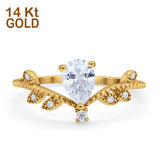14K Gold Chevron Midi V Style Teardrop Pear Simulated Cubic Zirconia Engagement Ring