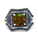 Three Piece Ring Band Flower Art Deco Princess Cut Wedding Bridal Ring Round Black Simulated Cubic Zirconia 925 Sterling Silver