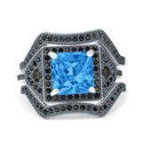 Three Piece Ring Band Flower Art Deco Princess Cut Wedding Bridal Ring Round Black Simulated Cubic Zirconia 925 Sterling Silver